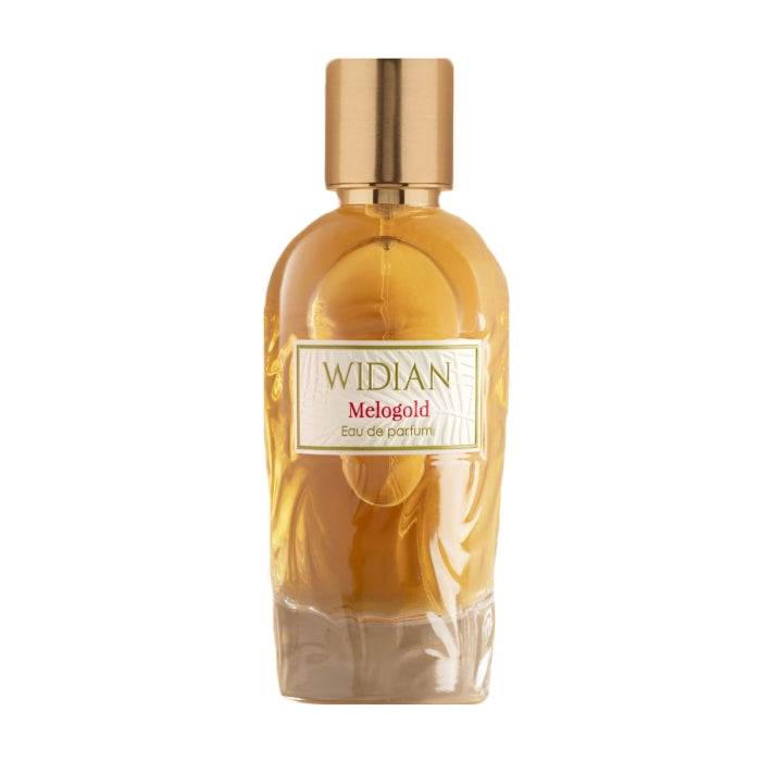 Widian - Rose Arabia Collection - Melogold Flakon mit goldenem Verschluss und warmem Bernsteinfarbton vor weißem Hintergrund