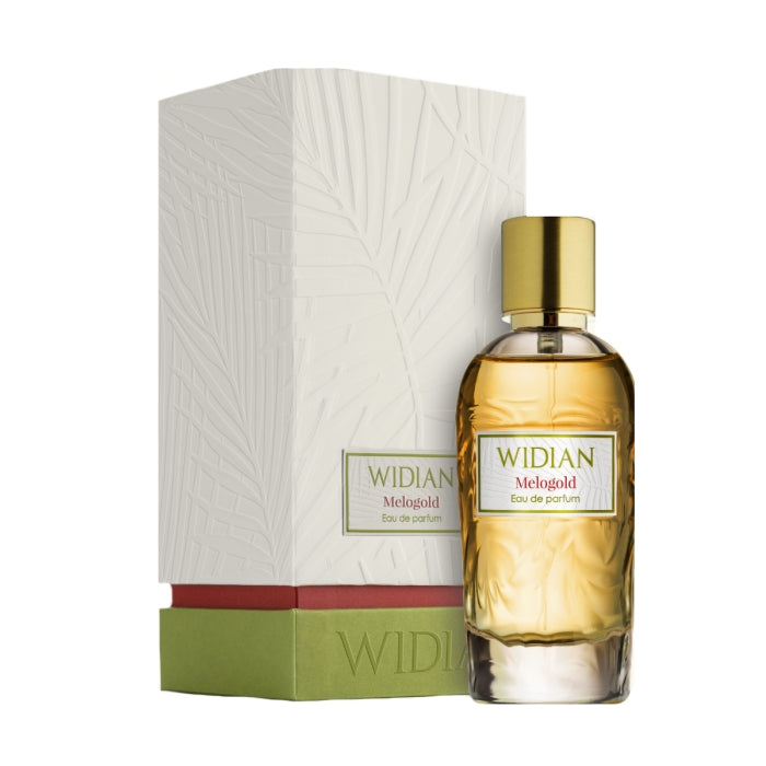 Widian - Rose Arabia Collection - Melogold Flakon mit goldgelber Flüssigkeit und strukturiertem weißen Karton mit grüner Basis