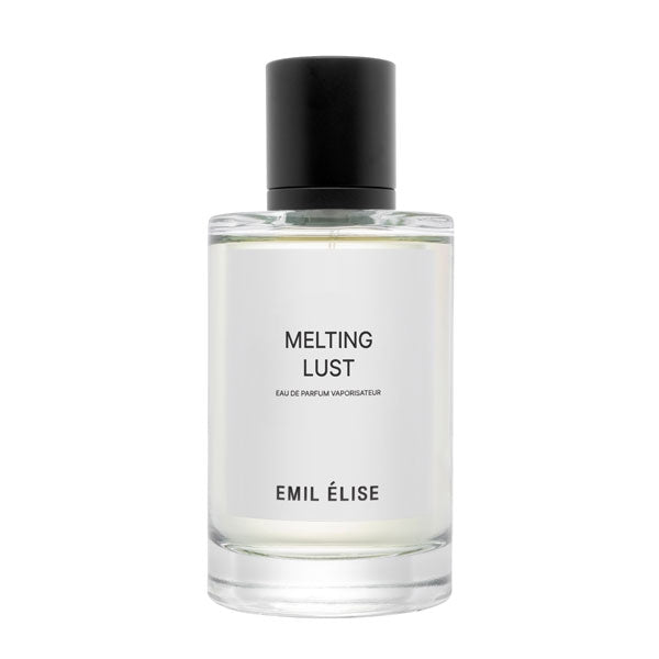 Emil Élise - melting lust zeigt klaren Flakon mit schlichtem weißem Etikett und schwarzem Verschluss vor weißem Hintergrund