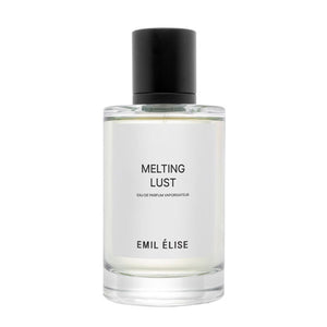 Emil Élise - melting lust zeigt klaren Flakon mit schlichtem weißem Etikett und schwarzem Verschluss vor weißem Hintergrund
