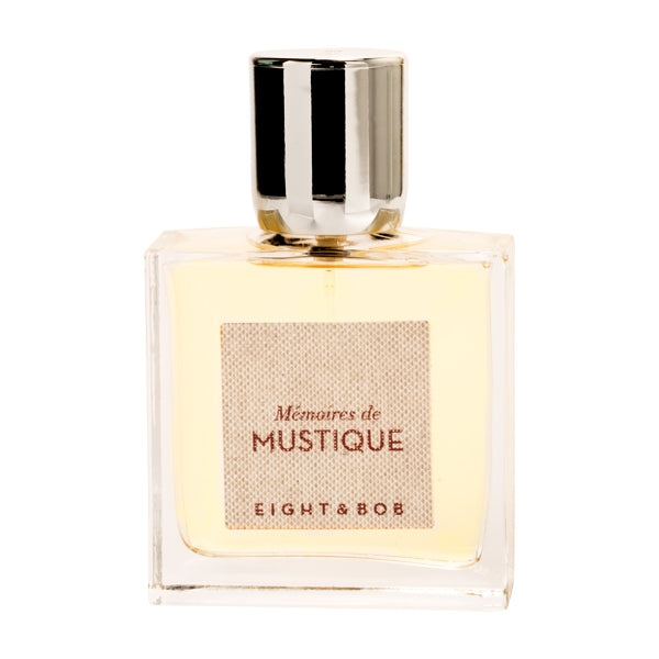 Eight & Bob - Mémoires de Mustique Parfümflakon mit hellem Etikett und silbernem Verschluss auf weißem Hintergrund
