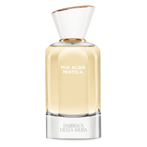 Fabbrica della Musa - Mia Alba Mistica eleganter Flakon mit goldgelber Flüssigkeit und weiß-goldenem, kegelförmigem Verschluss auf weißem Hintergrund