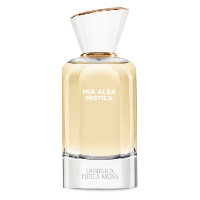 Fabbrica della Musa - Mia Alba Mistica eleganter Flakon mit goldgelber Flüssigkeit und weiß-goldenem, kegelförmigem Verschluss auf weißem Hintergrund