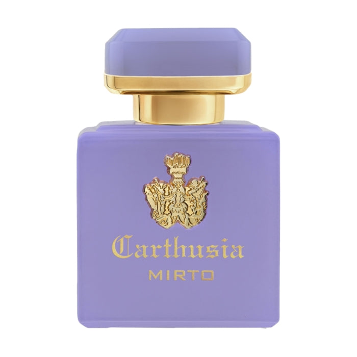 Carthusia - Intenso Collection - Mirto zeigt violetten Flakon mit goldenem Wappen und elegantem Verschluss auf weißem Hintergrund