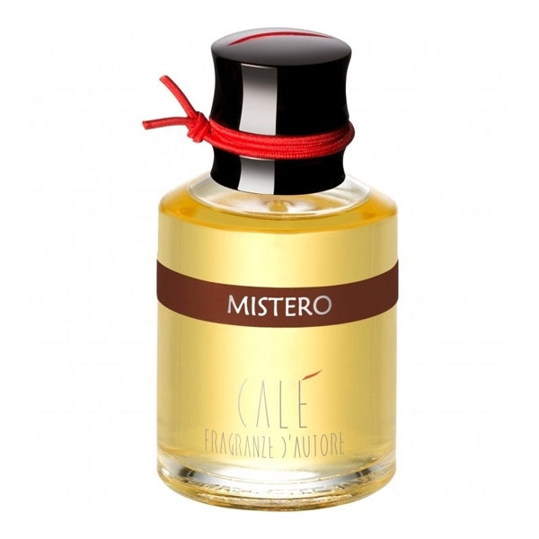 Calé Fragranze d'Autore - Mistero Duftflakon mit schwarzem Deckel und rotem Band auf weißem Hintergrund