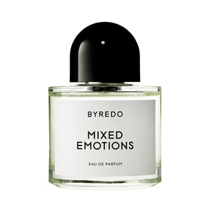 Byredo - Mixed Emotions klarer transparenter Flakon mit schlichtem weißen Etikett und schwarzem rundem Verschluss vor weißem Hintergrund