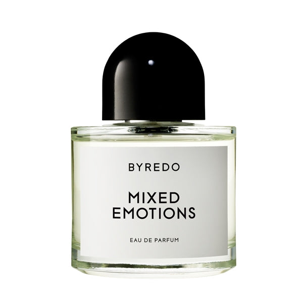 Byredo - Mixed Emotions klarer transparenter Flakon mit schlichtem weißen Etikett und schwarzem rundem Verschluss vor weißem Hintergrund