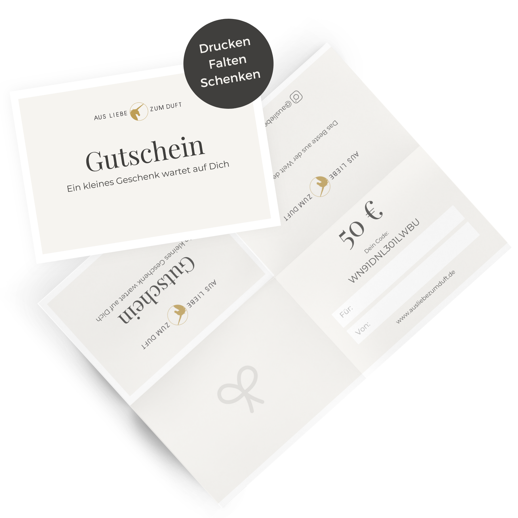 Aus Liebe zum Duft - Gutschein in neutralem Design mit 50 Euro Wert und Anleitungsaufkleber zum Drucken und Verschenken