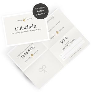 Aus Liebe zum Duft - Gutschein in neutralem Design mit 50 Euro Wert und Anleitungsaufkleber zum Drucken und Verschenken