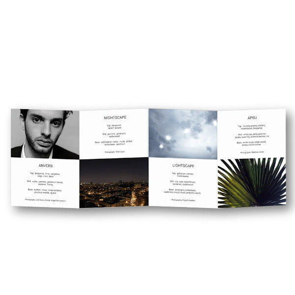 Ulrich Lang - Discovery Set mit offenem Informationsfaltblatt und Bildern zu verschiedenen Düften in elegantem Design