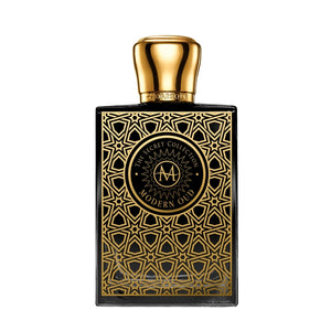 Moresque Parfum - Secret Collection - Modern Oud Flakon mit goldenen Ornamenten und glänzendem Verschluss vor weißem Hintergrund