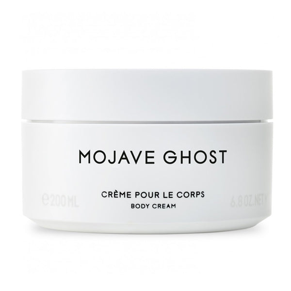 Byredo - Mojave Ghost - Body Cream im schlichten weißen Tiegel mit klarer schwarzer Schrift auf hellem Hintergrund