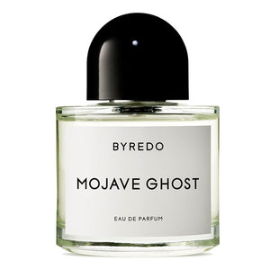 Byredo - Mojave Ghost Parfumflakon mit klarem Glas und schlichtem weißen Etikett in minimalistischer Formgebung
