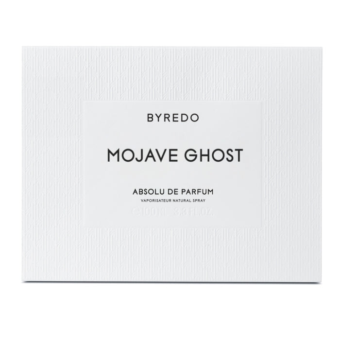 Byredo - Mojave Ghost - Absolu de Parfum weiße Verpackung mit dezentem geprägtem Muster und schwarzer Schriftgestaltung