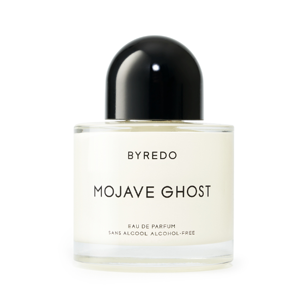 Byredo - Mojave Ghost - Alcohol-free Parfumflakon mit minimalistischem Design und schwarzem Deckel vor weißem Hintergrund