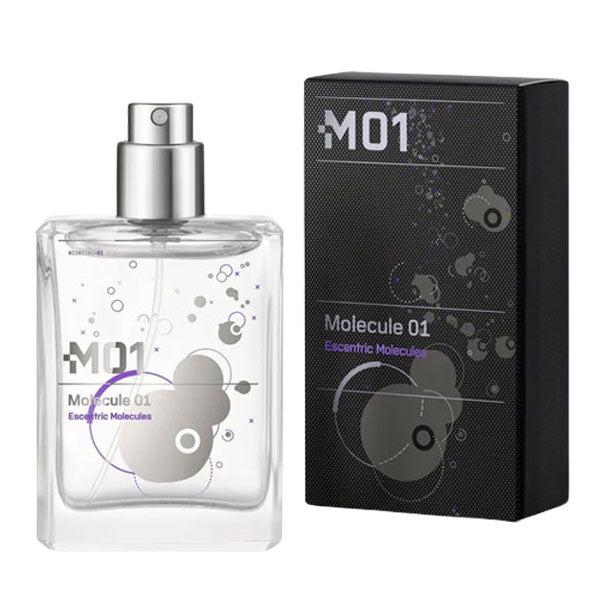 Escentric Molecules - Molecule 01 - Travel Spray Refill mit klarem Flakon und schwarzer Verpackung im modernen Design