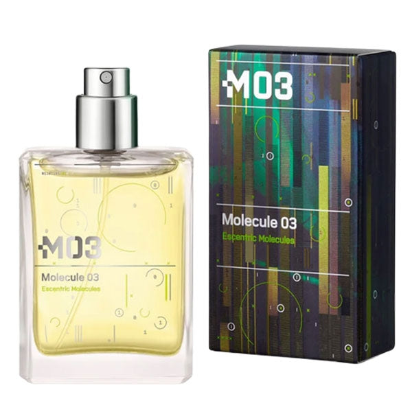 Escentric Molecules - Molecule 03 - Travel Spray Refill Flasche mit silbernem Zerstäuber und farbigem Designkarton