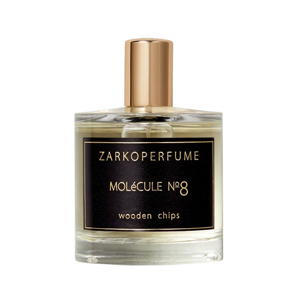 Zarkoperfume - MOLéCULE No.8 Parfümflakon mit goldenem Verschluss und schwarzem Etikett vor weißem Hintergrund