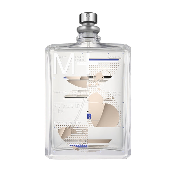 Escentric Molecules - Molecule 01+ Iris transparentes Parfumflakon mit modernem geometrischem Design vor weißem Hintergrund