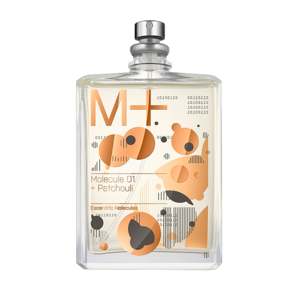 Escentric Molecules - Molecule 01+ Patchouli transparenter Flakon mit orangefarbenem Design vor weißem Hintergrund