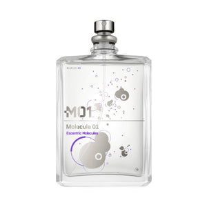 Escentric Molecules - Molecule 01 Parfumflakon aus klarem Glas mit modernem, minimalistischen Design und grafischen Elementen