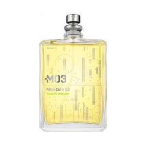 Escentric Molecules - Molecule 03 Parfumflakon mit gelblichem Inhalt und modernem, grafischem Design auf klarem Glas