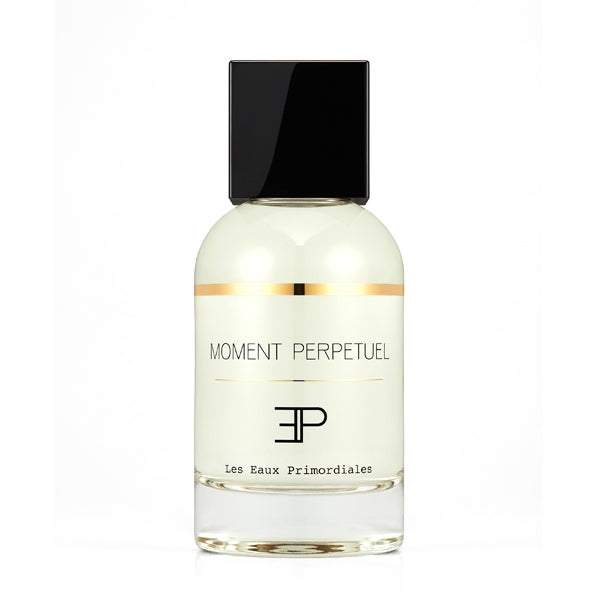 Les Eaux Primordiales - Moment Perpetuel klarer Flakon mit schwarzem Deckel und goldener Linie, minimalistisches Design