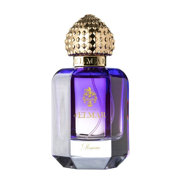 Parfums d'Elmar - Momona edler Flakon mit violettem Inhalt und goldfarbenem, strukturiertem Verschluss vor weißem Hintergrund