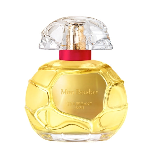 Houbigant - Collection Privée - Mon Boudoir Parfumflakon mit goldgelbem Duft und klarem, geformtem Verschluss vor weißem Hintergrund