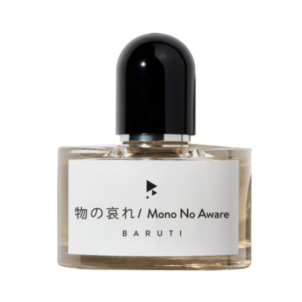 Baruti - Mono No Aware - Eau de Parfum Flakon mit schlichter weißer Etikettierung und schwarzem rundem Verschluss