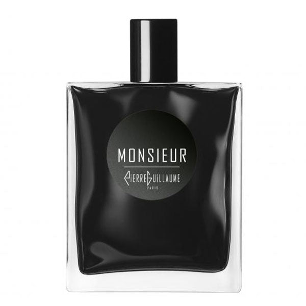 Pierre Guillaume - Black Collection - Monsieur Parfumflakon mit quadratischer Glasform und tiefschwarzem Design elegant präsentiert