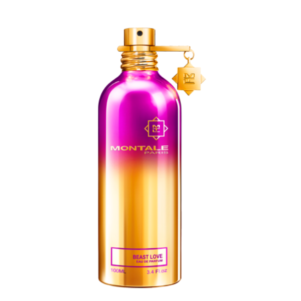 Montale - Beast Love Parfumflakon in leuchtendem Pink-Gold mit goldenem Sprühkopf vor weißem Hintergrund