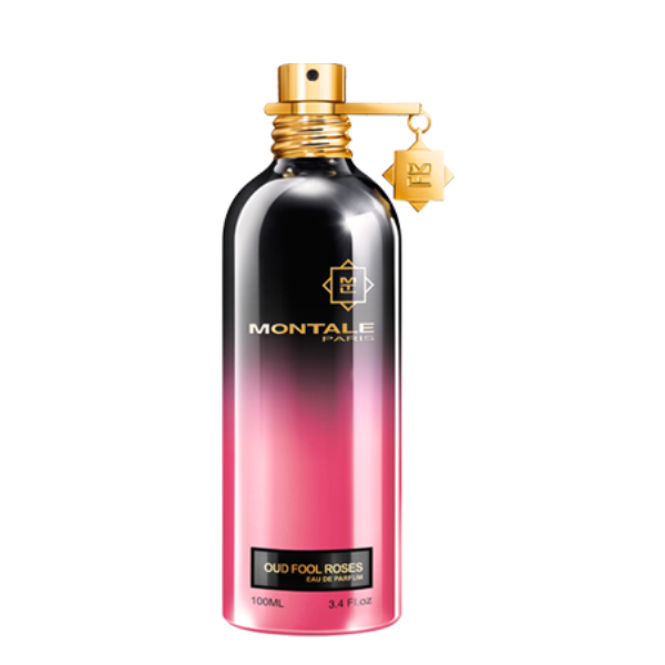 Montale - Oud Fool Roses Parfumflakon mit schwarzem und pinkfarbenem Verlauf und goldenem Sprühkopf vor weißem Hintergrund