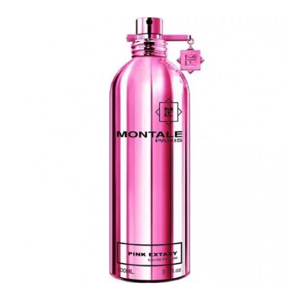 Montale - Pink Extasy glänzender pinkfarbener Flakon mit minimalistischem Design und schwarzem Schriftzug auf weißem Hintergrund
