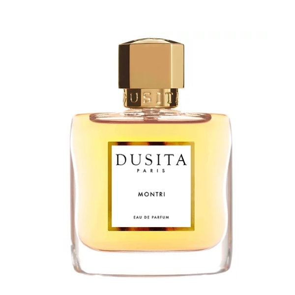 Dusita - Montri präsentiert eleganten goldfarbenen Flakon mit rechteckigem Etikett und klarem Design vor weißem Hintergrund