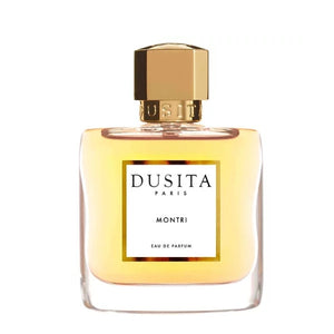 Dusita - Montri präsentiert eleganten goldfarbenen Flakon mit rechteckigem Etikett und klarem Design vor weißem Hintergrund