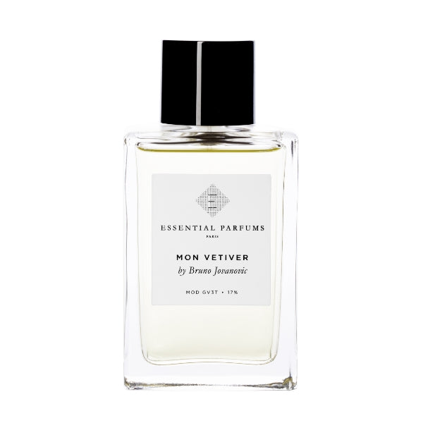 Essential Parfums - Mon Vetiver klarer Flakon mit schwarzem Deckel vor weißem Hintergrund in schlichtem Design