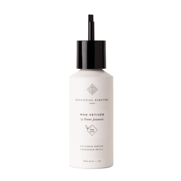Essential Parfums - Mon Vetiver moderne Nachfüllflasche mit schwarzem Pumpspender auf weißem Hintergrund