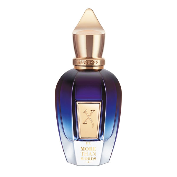 Xerjoff - Join The Club - More Than Words Flakon in Blau mit goldenen Details und edlem Design elegant präsentiert