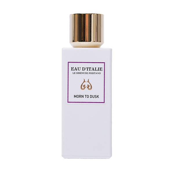 Eau d'Italie - Morn to Dusk Parfümflakon in schlichter weißer Flasche mit goldenem Deckel vor weißem Hintergrund