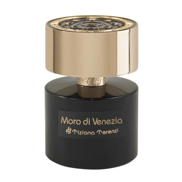 Tiziana Terenzi - Luna Collection - Moro di Venezia Flakon in Schwarz mit goldfarbenem Deckel und filigraner Verzierung in Nahaufnahme