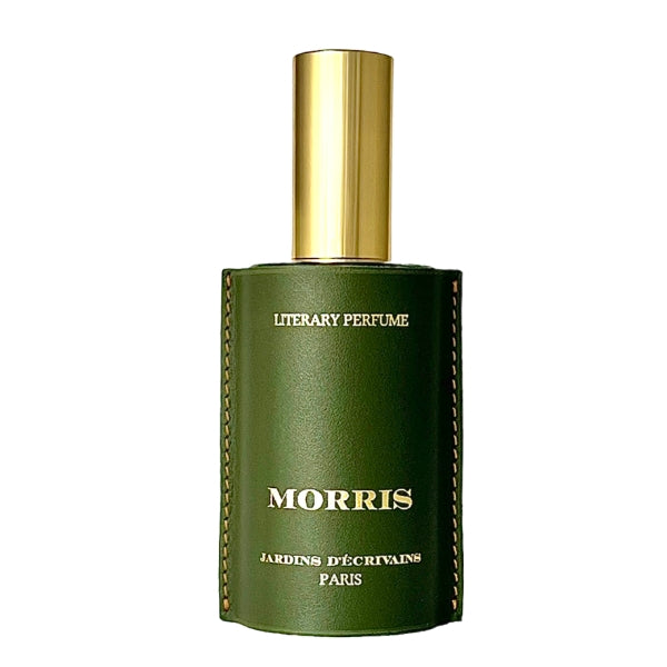 Jardins d'Écrivains - Morris Parfümflakon mit grünem Lederüberzug und goldenem Verschluss vor weißem Hintergrund