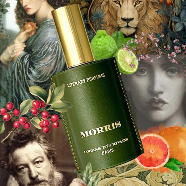 Jardins d'Écrivains - Morris Parfümflakon in grünem Leder mit goldfarbenem Verschluss vor künstlerischem Hintergrund