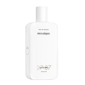 27 87 Perfumes - mosaïque zeigt minimalistischen weiß-matten Flakon mit dezentem Schriftzug und modernem Design