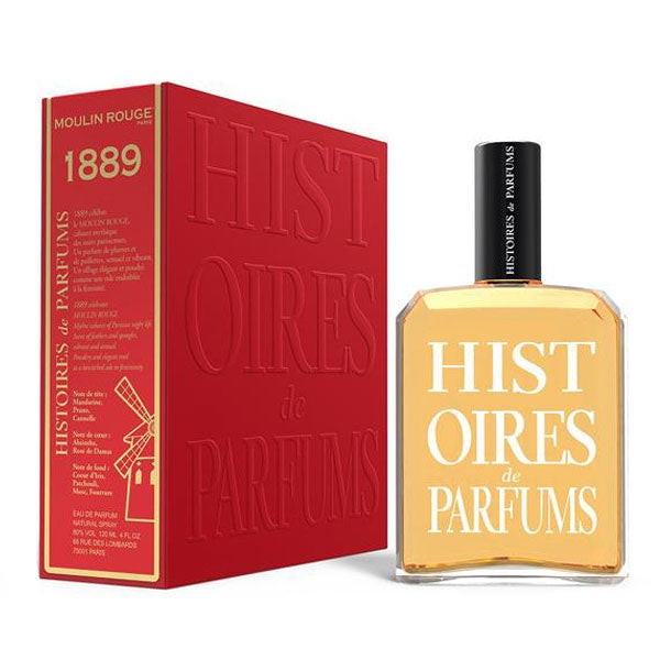Histoires de Parfums - 1889 - Moulin Rouge Flakon mit goldfarbenem Inhalt neben roter Verpackung mit Prägung