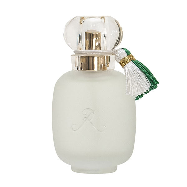 Parfums de Rosine - Le Muguet de Rosine Mattierter Flakon mit goldenem Verschluss und grün-weißem Quast an weißem Hintergrund