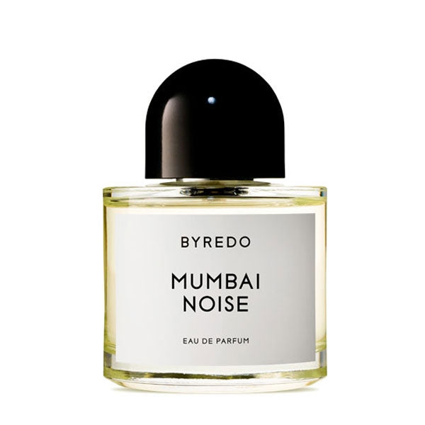 Byredo - Mumbai Noise Parfumflakon mit klarem Glas und schwarzem, rundem Verschluss vor neutralem Hintergrund
