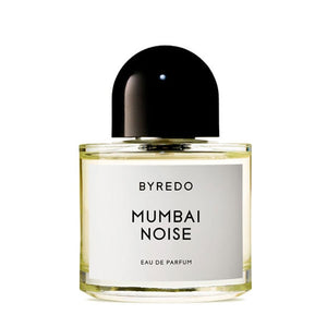Byredo - Mumbai Noise Parfumflakon mit klarem Glas und schwarzem, rundem Verschluss vor neutralem Hintergrund