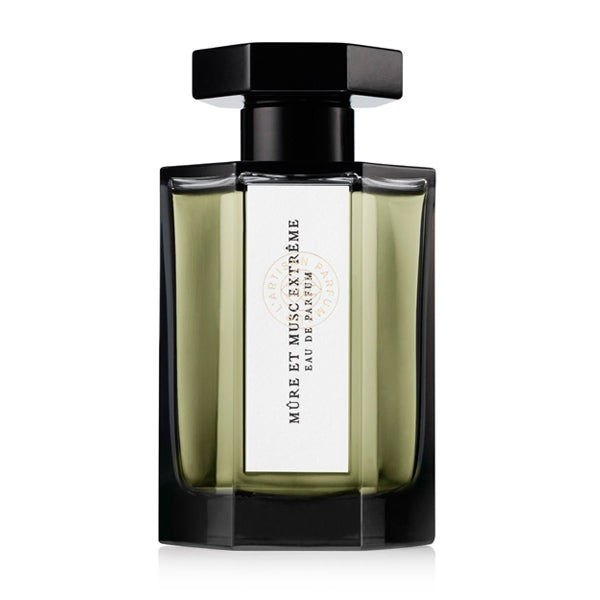 L'Artisan Parfumeur - La Collection - Mûre et Musc Extrême Parfümflakon mit schwarzem Deckel und weißem Etikett vor weißem Hintergrund