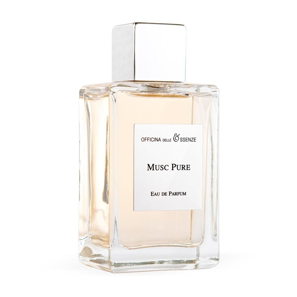 Officina delle Essenze - Musc Pure klarer Flakon mit silbernem Verschluss und zartem Etikett für frische Moschus- und Eichenmoosnoten